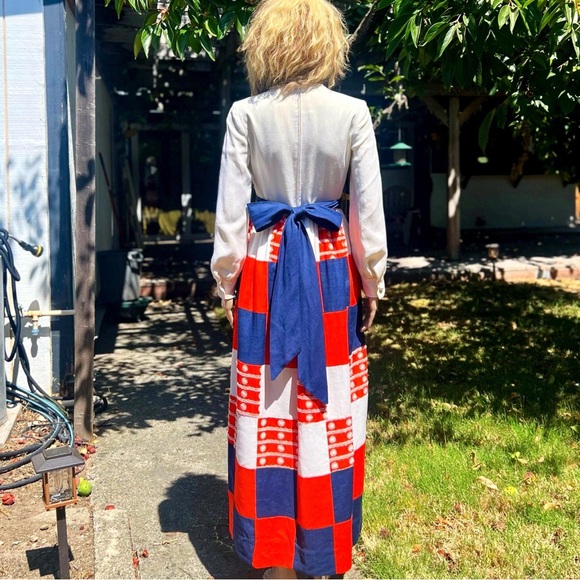 1970s Home Sewn Heavy Linen Patriotic Prairie Maxi Dress - Picture 3 of 8